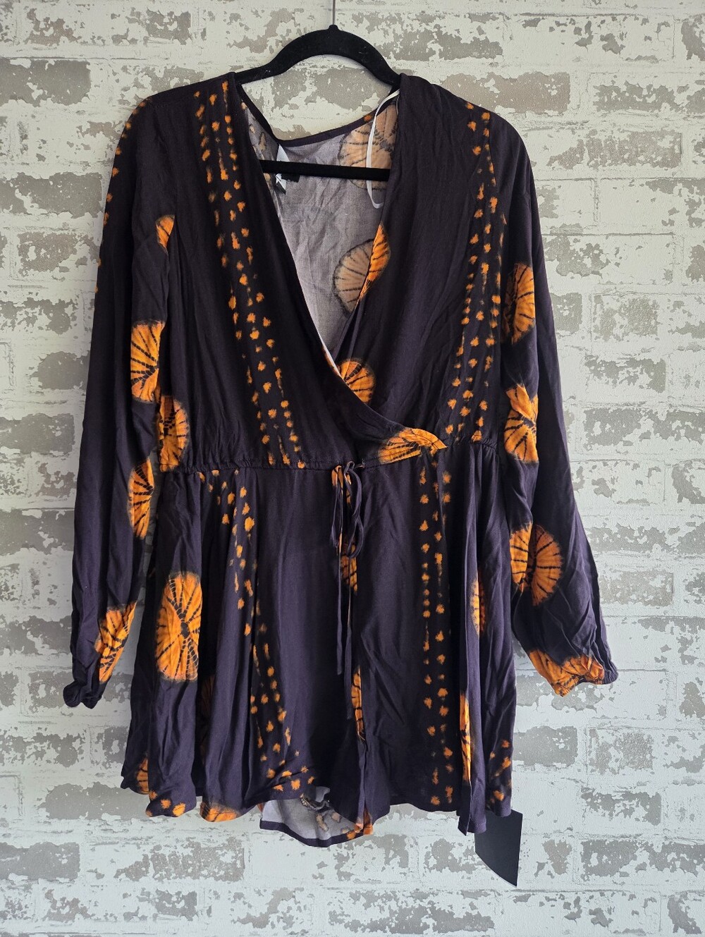 ​Lulus Black Orange Butterfly Tie Dye Wrap Romper Size S NWT